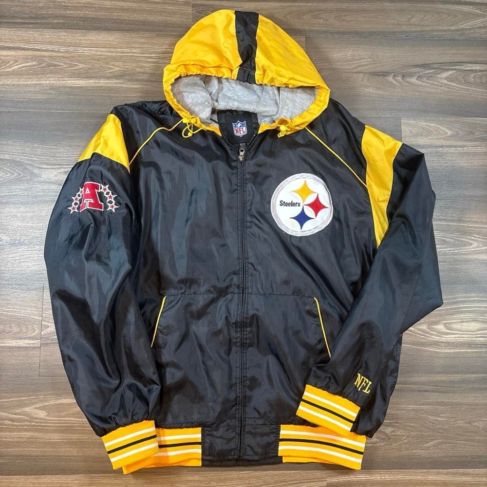 NFL Pittsburgh Steelers black & yellow windbreaker jacket with hood, size XL